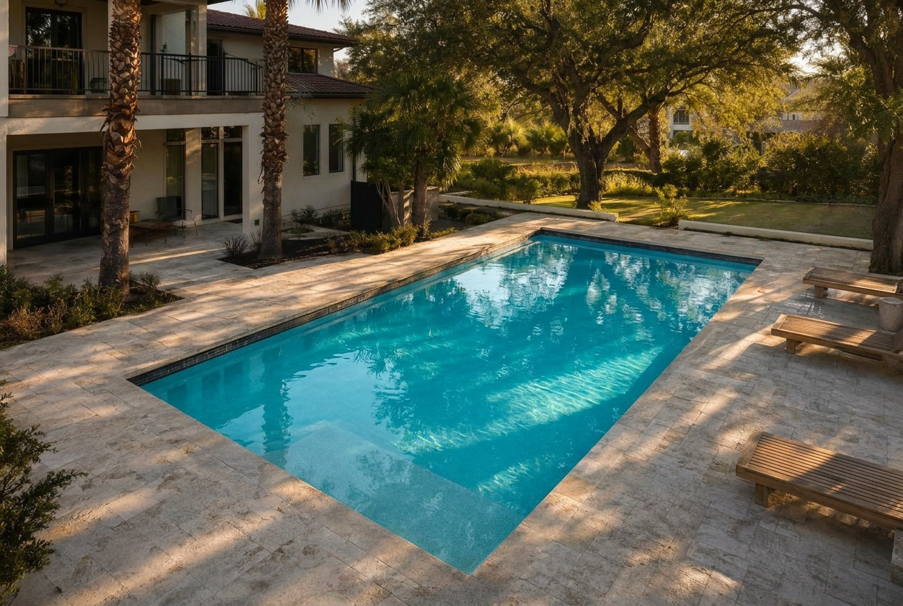 The same pool with crystal-clear blue water after All Pool Solutions service