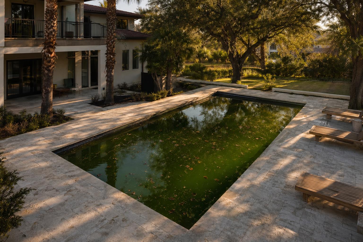 Neglected residential pool with green algae water before service